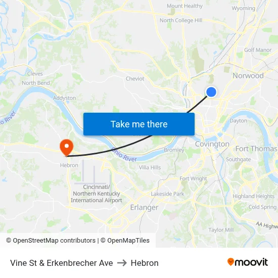 Vine St & Erkenbrecher Ave to Hebron map