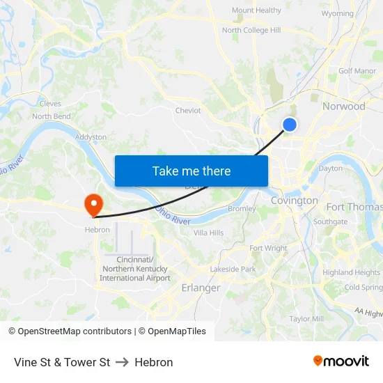 Vine St & Tower St to Hebron map