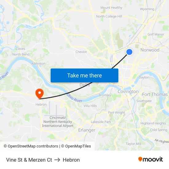 Vine St & Merzen Ct to Hebron map