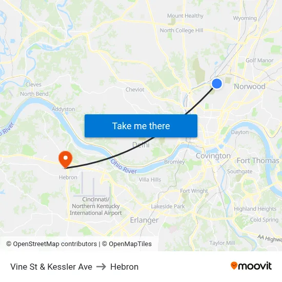 Vine St & Kessler Ave to Hebron map