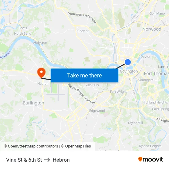 Vine St & 6th St to Hebron map