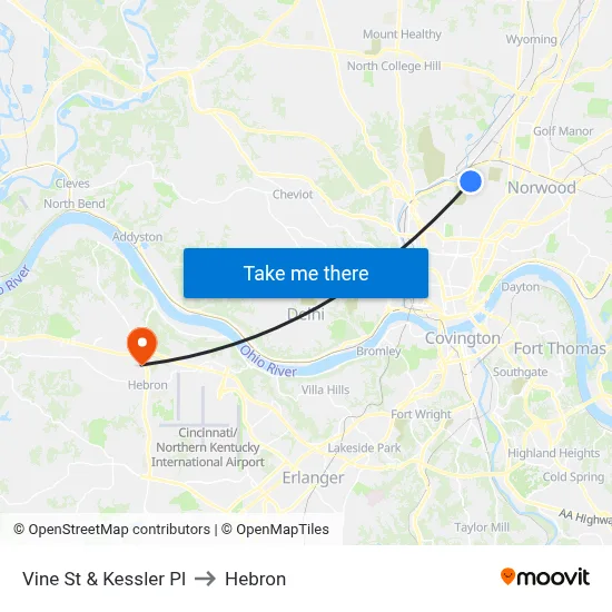 Vine St & Kessler Pl to Hebron map