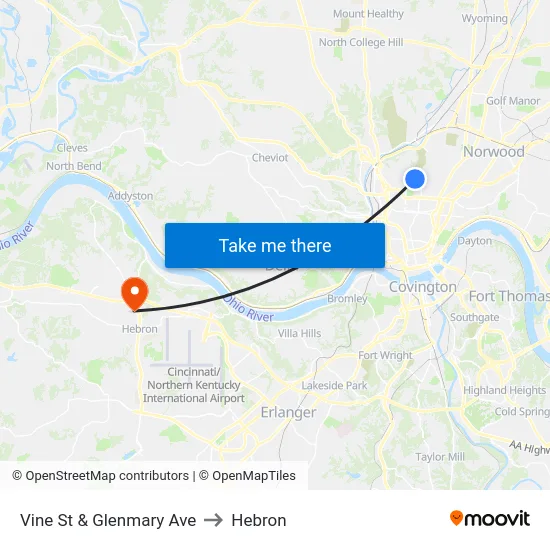 Vine St & Glenmary Ave to Hebron map