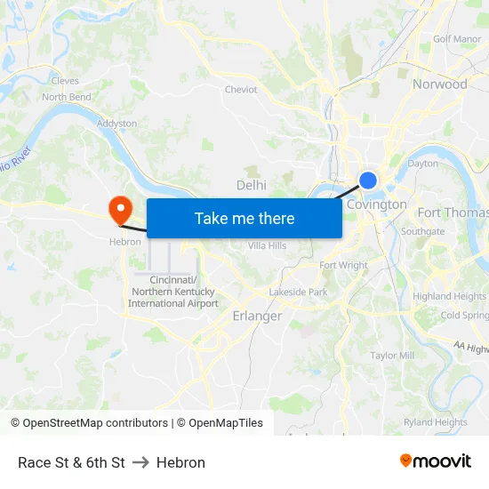 Race St & 6th St to Hebron map