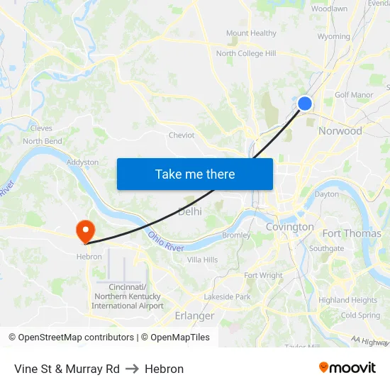 Vine St & Murray Rd to Hebron map