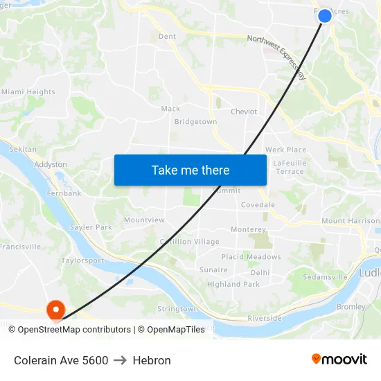 Colerain Ave 5600 to Hebron map