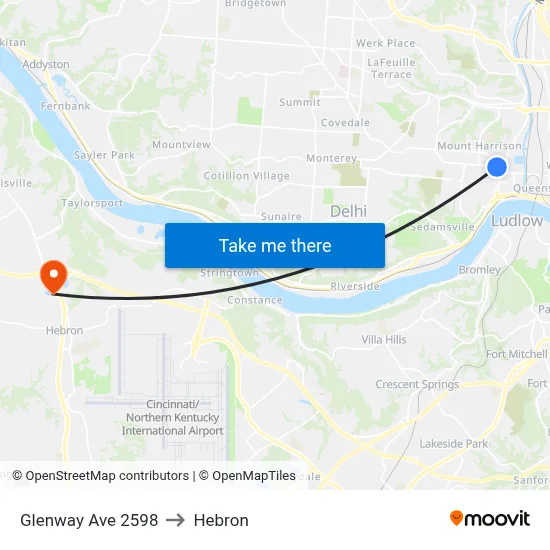 Glenway Ave 2598 to Hebron map