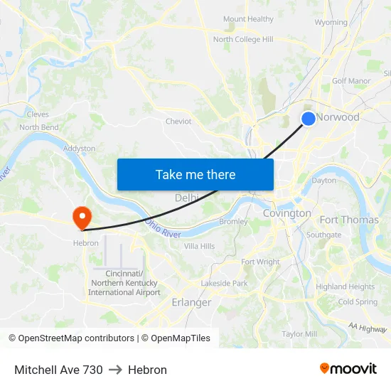 Mitchell Ave 730 to Hebron map