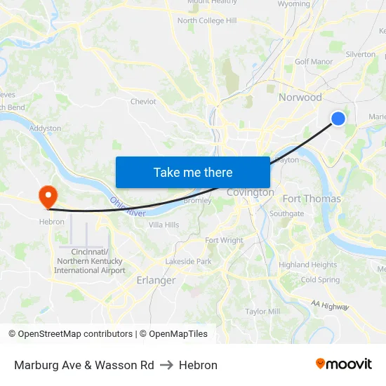 Marburg Ave & Wasson Rd to Hebron map