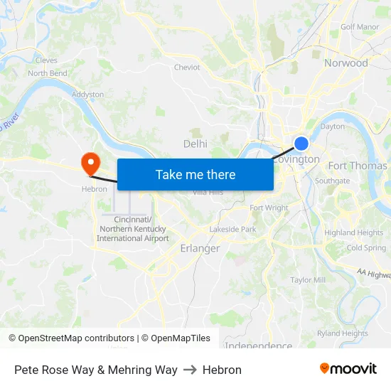 Pete Rose Way & Mehring Way to Hebron map