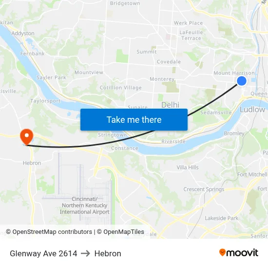 Glenway Ave 2614 to Hebron map