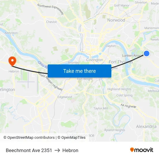 Beechmont Ave 2351 to Hebron map