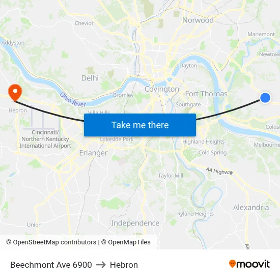 Beechmont Ave 6900 to Hebron map