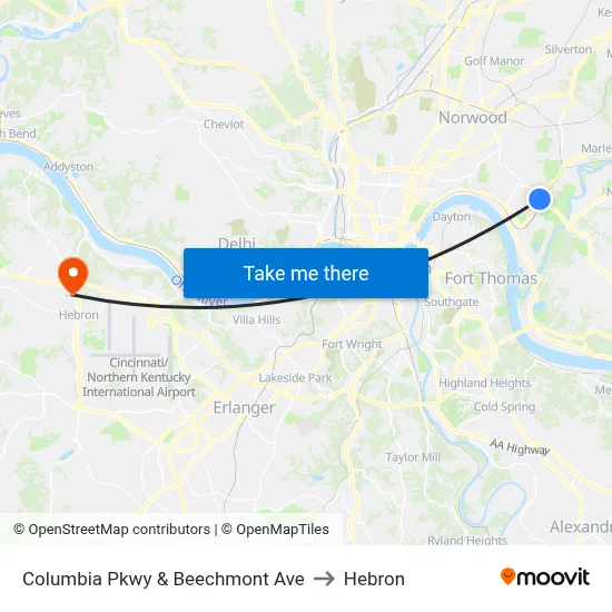 Columbia Pkwy & Beechmont Ave to Hebron map