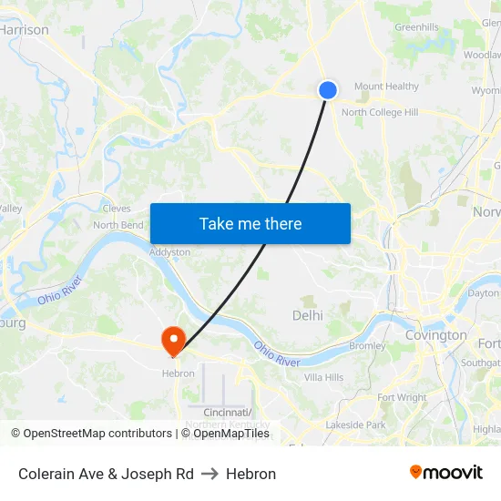 Colerain Ave & Joseph Rd to Hebron map