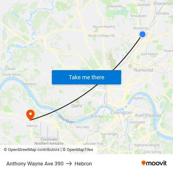 Anthony Wayne Ave 390 to Hebron map