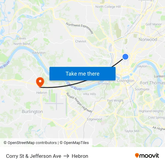 Corry St & Jefferson Ave to Hebron map