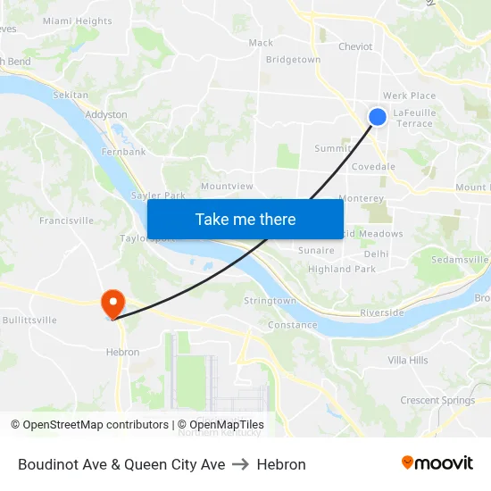 Boudinot Ave & Queen City Ave to Hebron map