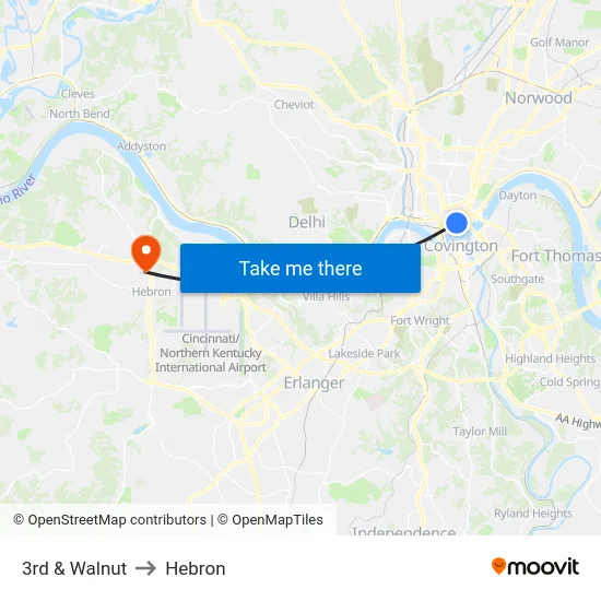 3rd & Walnut to Hebron map
