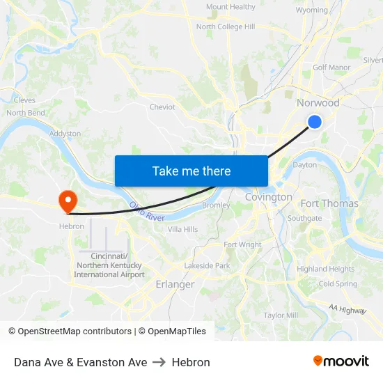 Dana Ave & Evanston Ave to Hebron map