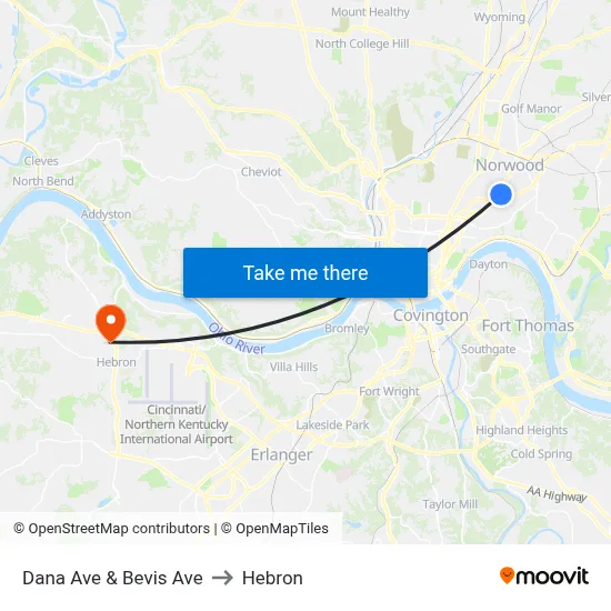 Dana Ave & Bevis Ave to Hebron map
