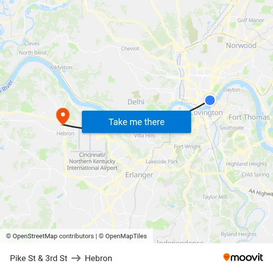 Pike St & 3rd St to Hebron map