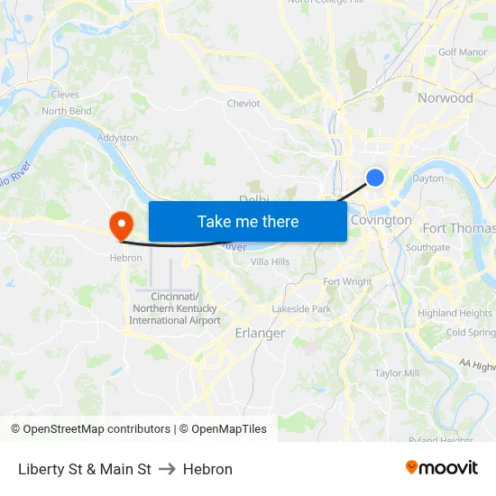 Liberty St & Main St to Hebron map