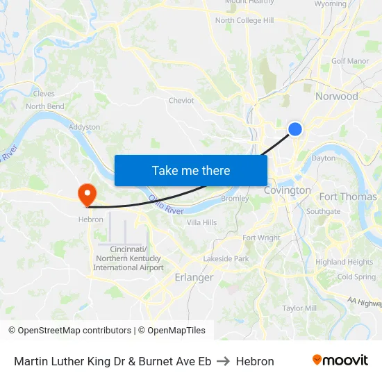 Martin Luther King Dr & Burnet Ave Eb to Hebron map
