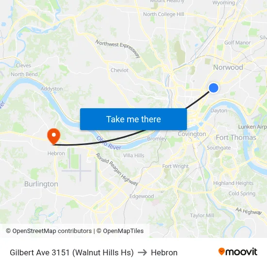 Gilbert Ave 3151 (Walnut Hills Hs) to Hebron map