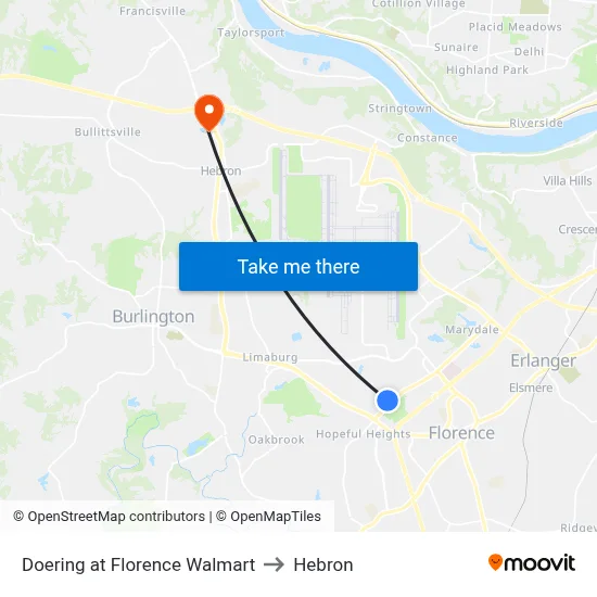 Doering at Florence Walmart to Hebron map