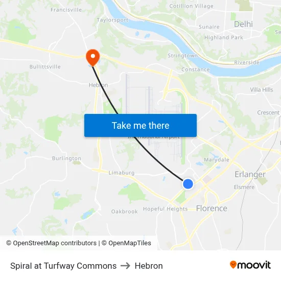 Spiral at Turfway Commons to Hebron map