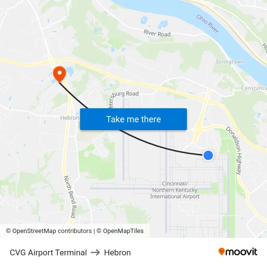 CVG Airport Terminal to Hebron map