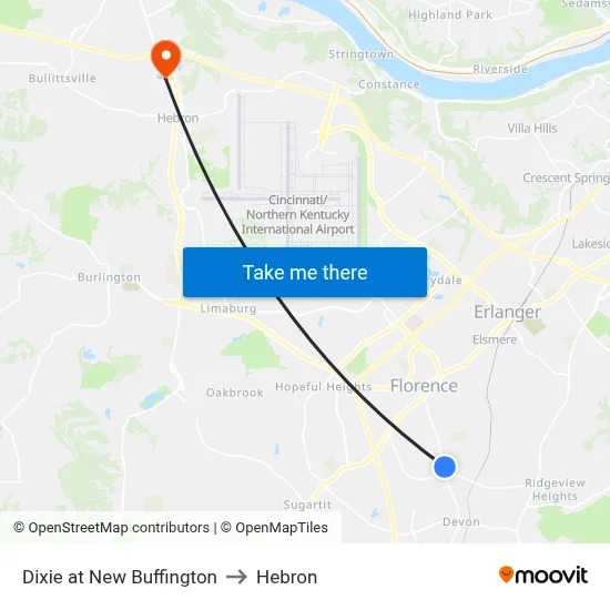 Dixie at New Buffington to Hebron map