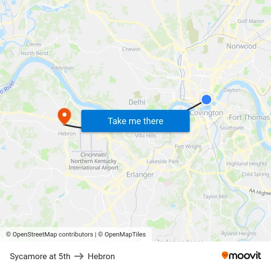 Sycamore at 5th to Hebron map