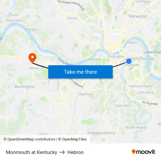 Monmouth at Kentucky to Hebron map