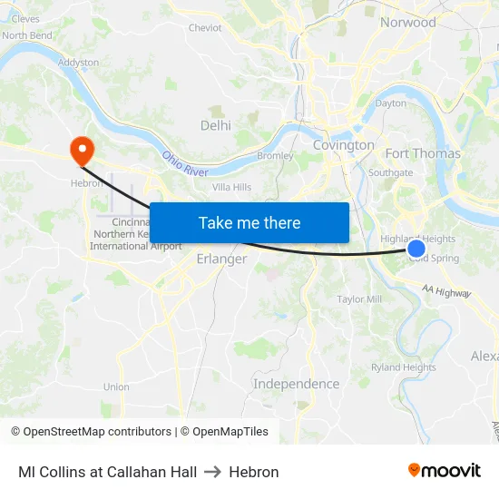 Ml Collins at Callahan Hall to Hebron map