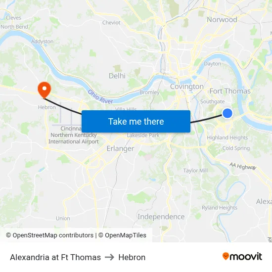 Alexandria at Ft Thomas to Hebron map