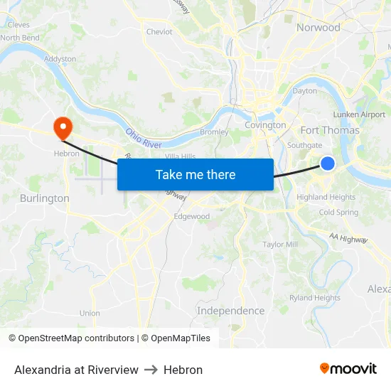 Alexandria at Riverview to Hebron map