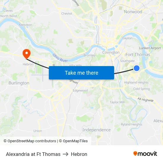Alexandria at Ft Thomas to Hebron map