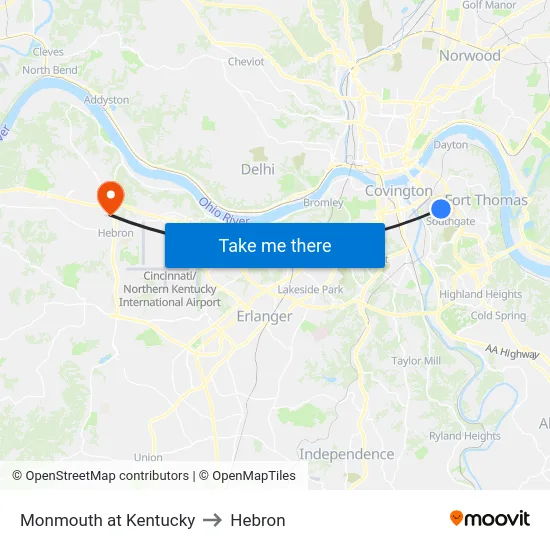 Monmouth at Kentucky to Hebron map
