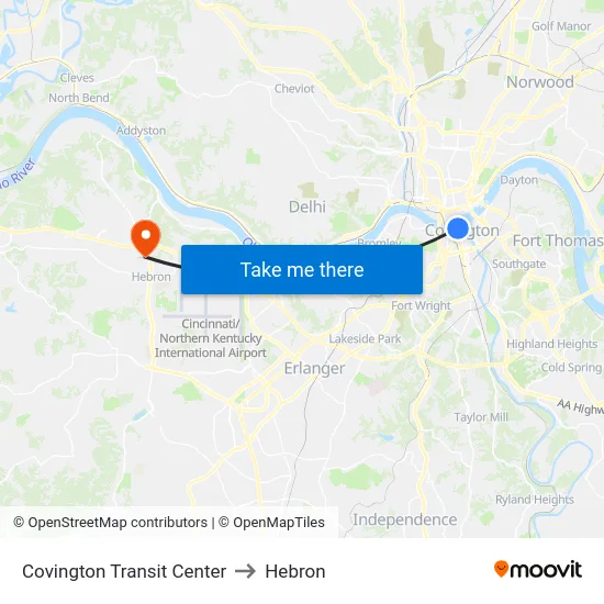 Covington Transit Center to Hebron map