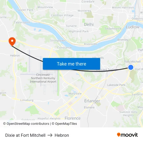 Dixie at Fort Mitchell to Hebron map