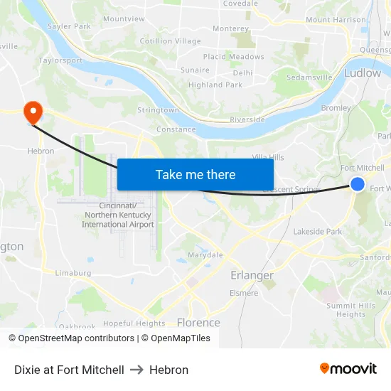 Dixie at Fort Mitchell to Hebron map