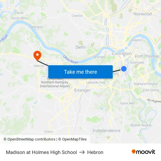Madison at Holmes High School to Hebron map
