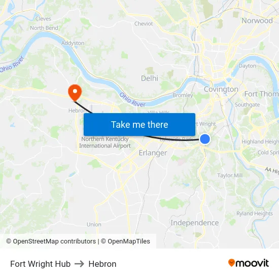 Fort Wright Hub to Hebron map