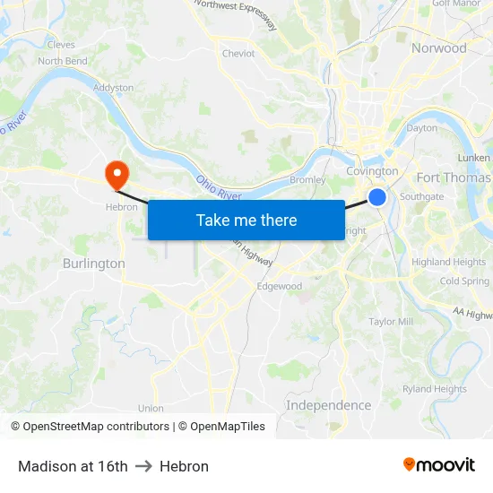 Madison at 16th to Hebron map