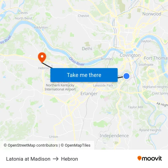 Latonia at Madison to Hebron map