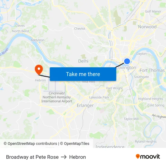 Broadway at Pete Rose to Hebron map