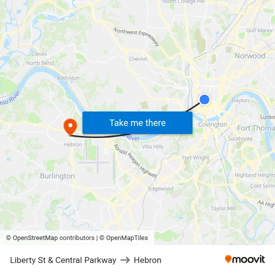 Liberty St & Central Parkway to Hebron map