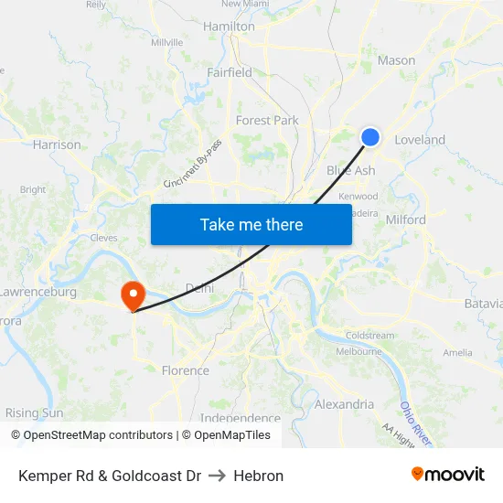 Kemper Rd & Goldcoast Dr to Hebron map